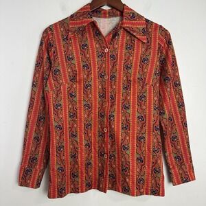 Vintage 70s Red Floral Blouse Women Sz Small Dagger Collar Long Sleeve Polyester